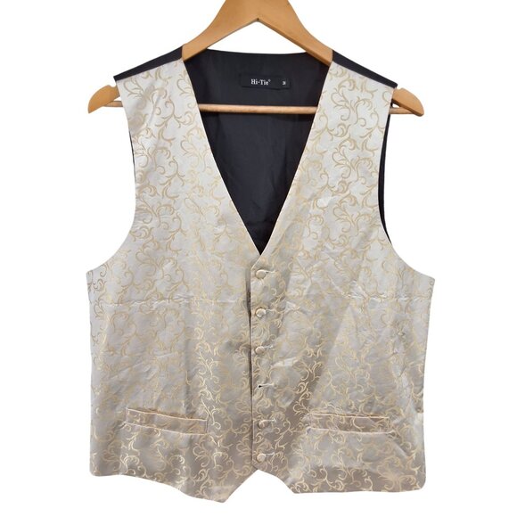 CooFandy Rose Pattern Cream Gold Button Up Vest w/ Tie Size M - Picture 2 of 10